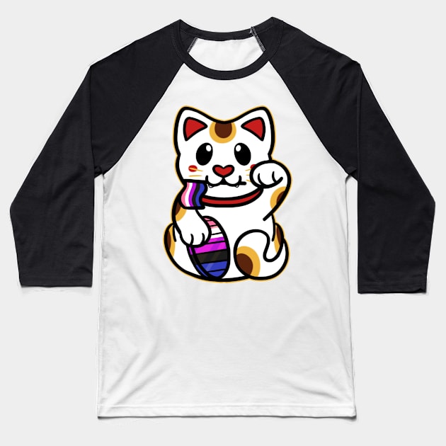 LGBTQ+ Pride Lucky Cat - Genderfluid Baseball T-Shirt by leashonlife